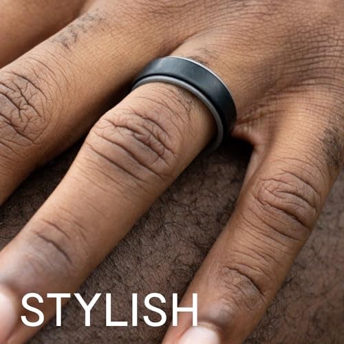 ROQ Silicone Rubber Wedding Ring for Men, Men's Wedding Band, Breathable Rubber Engagement Band, 8mm Wide 2mm Thick, Engraved Middle Line, 4 Pack, Grey, Black Blue Camo, Black, Platinum, Size 8 - Image 4