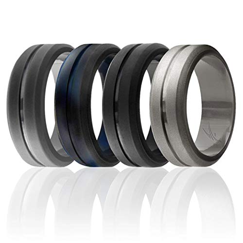 ROQ Silicone Rubber Wedding Ring for Men, Men's Wedding Band, Breathable Rubber Engagement Band, 8mm Wide 2mm Thick, Engraved Middle Line, 4 Pack, Grey, Black Blue Camo, Black, Platinum, Size 8 - Image 1
