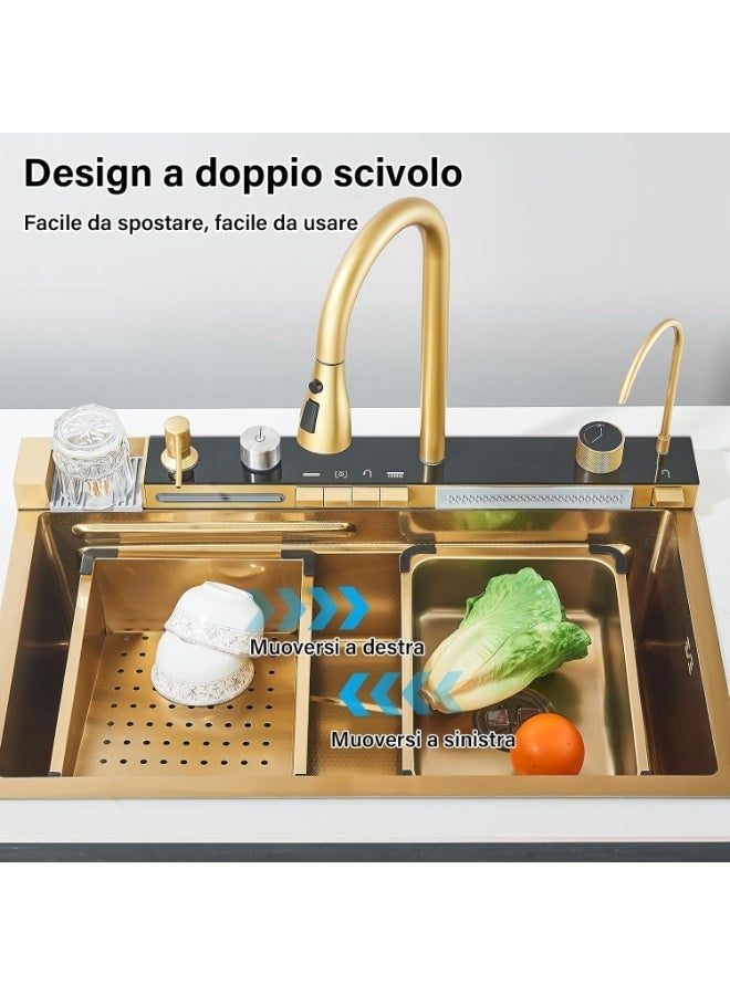 YD Multifunctional Kitchen Sink Waterfall Faucet with Digital Display, Brushed Gold Stainless Steel 304 Kitchen Sink with Pull Out Tap, Kitchen Sink Organizer, Soap Dispenser & Drain Strainer 75x45cm - Image 4