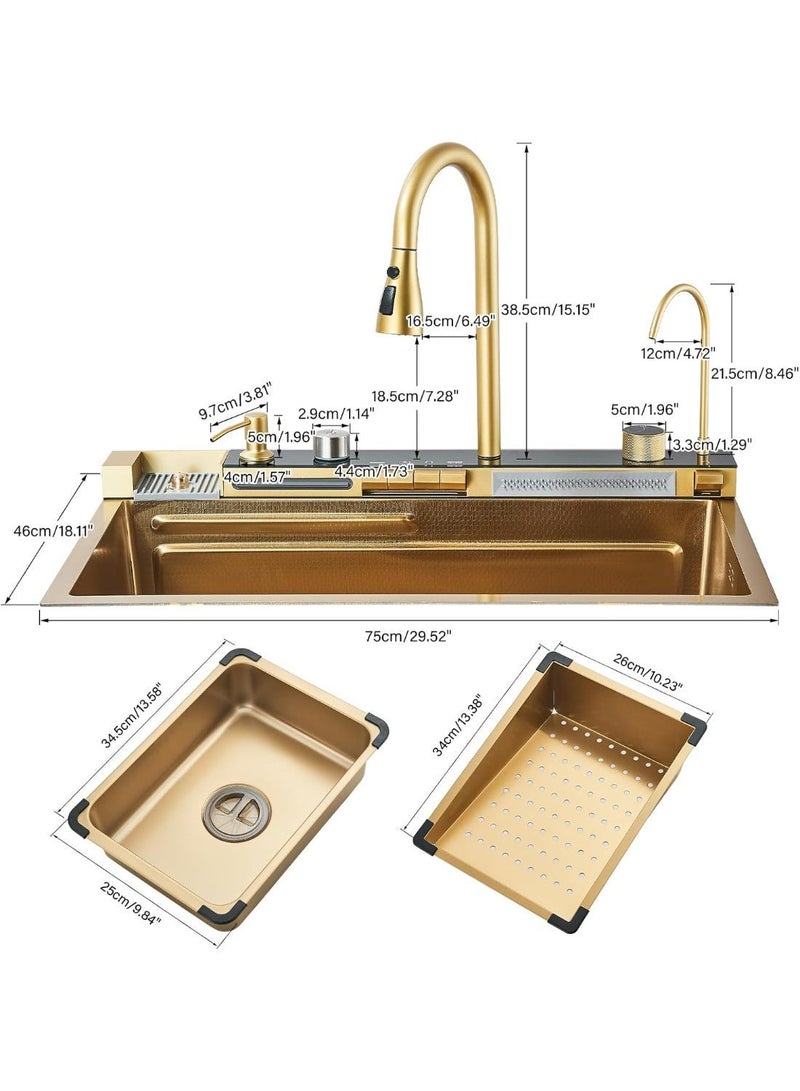 YD Multifunctional Kitchen Sink Waterfall Faucet with Digital Display, Brushed Gold Stainless Steel 304 Kitchen Sink with Pull Out Tap, Kitchen Sink Organizer, Soap Dispenser & Drain Strainer 75x45cm - Image 2
