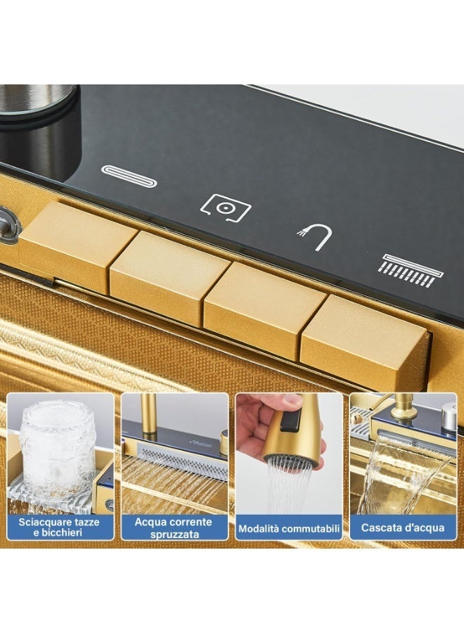YD Multifunctional Kitchen Sink Waterfall Faucet with Digital Display, Brushed Gold Stainless Steel 304 Kitchen Sink with Pull Out Tap, Kitchen Sink Organizer, Soap Dispenser & Drain Strainer 75x45cm - Image 5