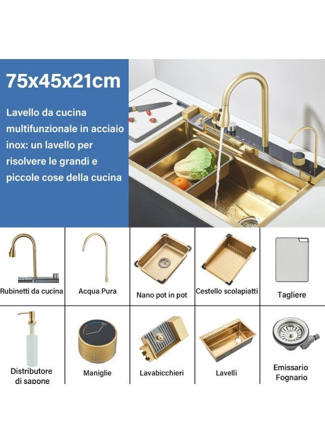 YD Multifunctional Kitchen Sink Waterfall Faucet with Digital Display, Brushed Gold Stainless Steel 304 Kitchen Sink with Pull Out Tap, Kitchen Sink Organizer, Soap Dispenser & Drain Strainer 75x45cm - Image 3