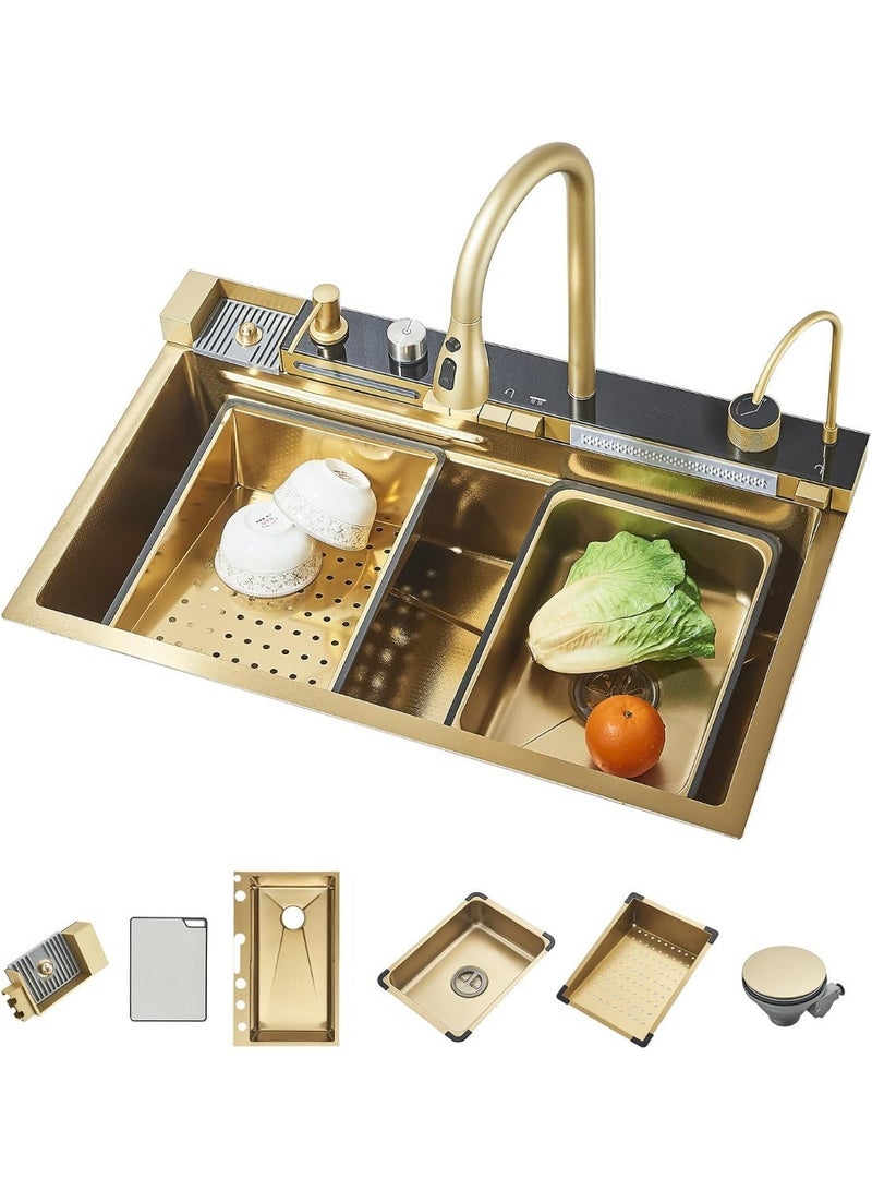 YD Multifunctional Kitchen Sink Waterfall Faucet with Digital Display, Brushed Gold Stainless Steel 304 Kitchen Sink with Pull Out Tap, Kitchen Sink Organizer, Soap Dispenser & Drain Strainer 75x45cm - Image 1