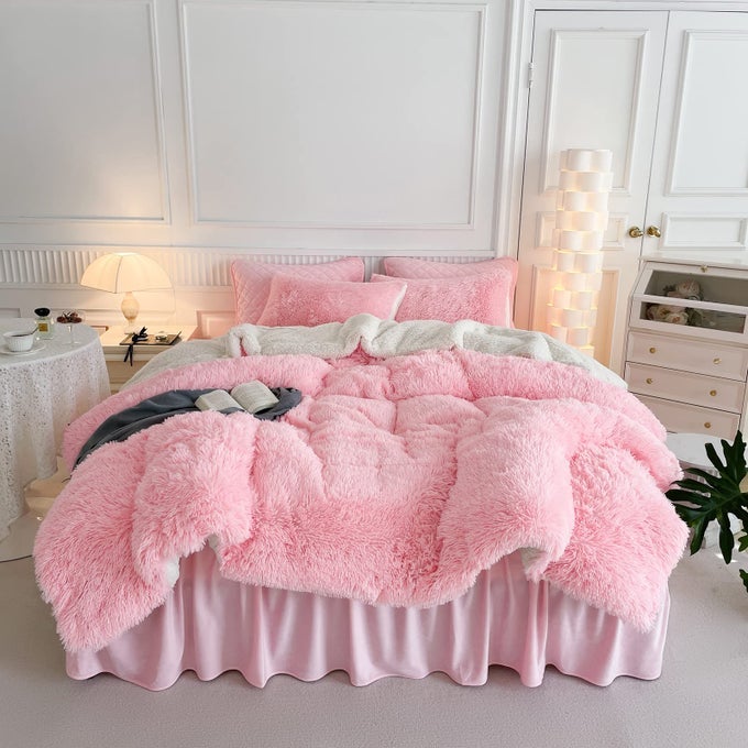PINK FAUX FUR COMFORTER SET QUEEN 3 PIECES 1 SHAGGY COMFORTER SET 90X90 AND 2 PILLOWCASES ULTRA SOFT AND EASY CARE LUXURY PLUSH SHAGGY DUVET SET FOR GIRLS WOMEN PRINCESS STYLE