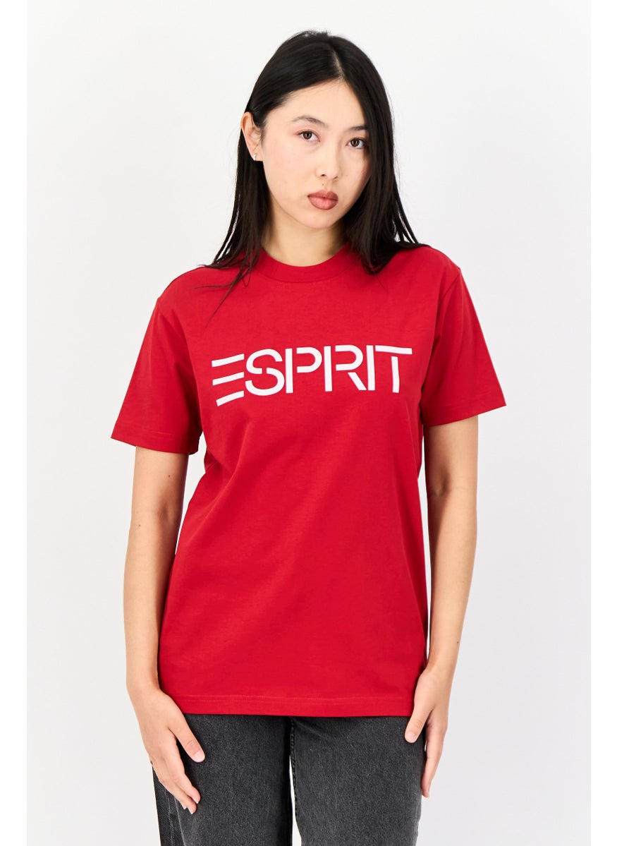 ESPRIT Women Crew Neck Short Sleeve Brand Logo T-Shirt, Red  - Image 1