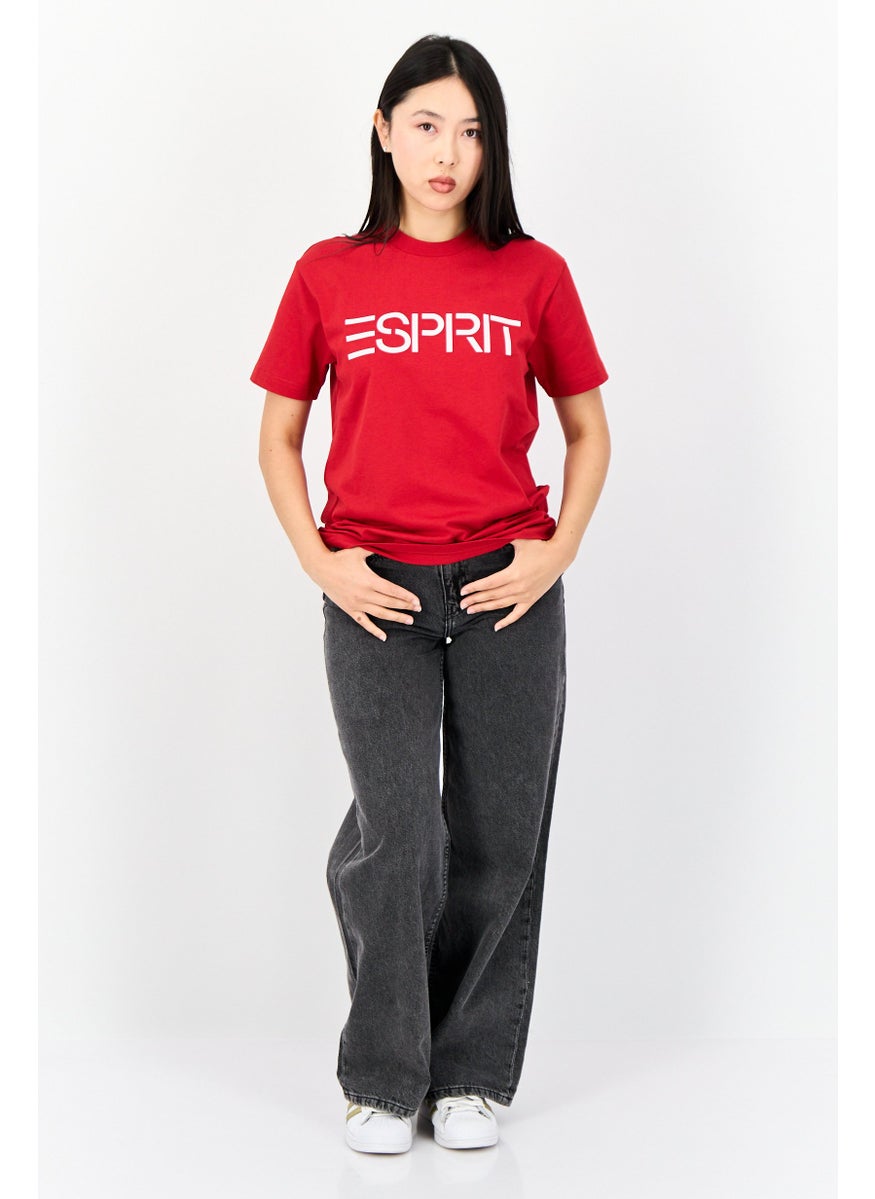 ESPRIT Women Crew Neck Short Sleeve Brand Logo T-Shirt, Red  - Image 2