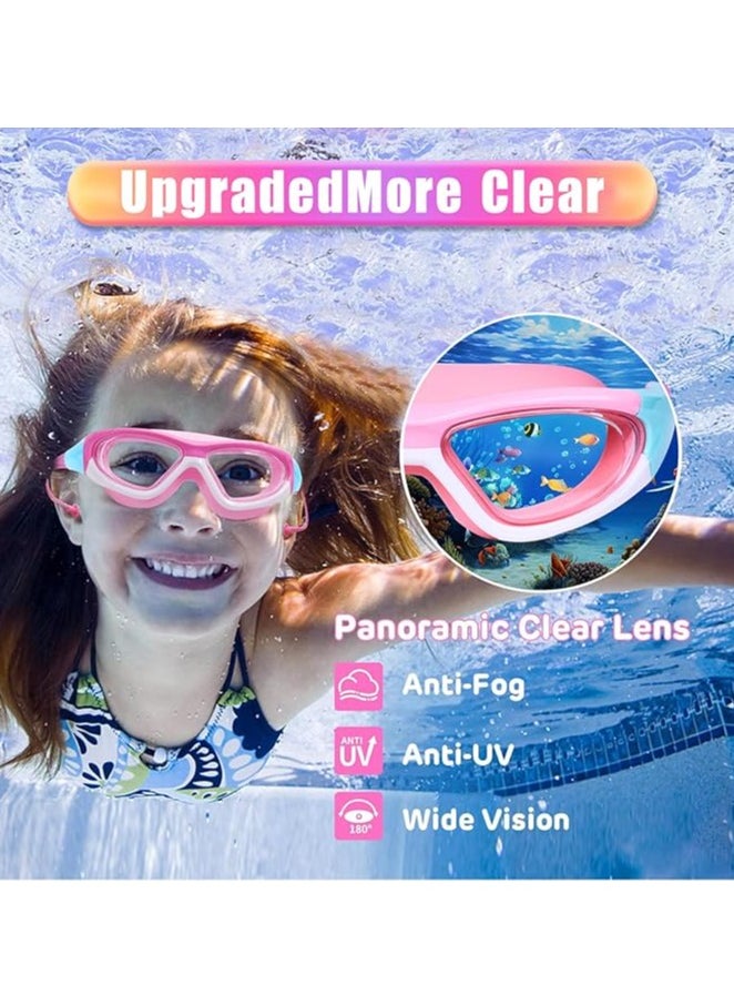 Yoawllty - Swimming Goggles with Earplug, Swim Cap for Kids, Silicone Cartoon Swim Cap, No Leaking Soft Silicone Protection Lenses Waterproof Goggles for Children(Pink) - Image 1