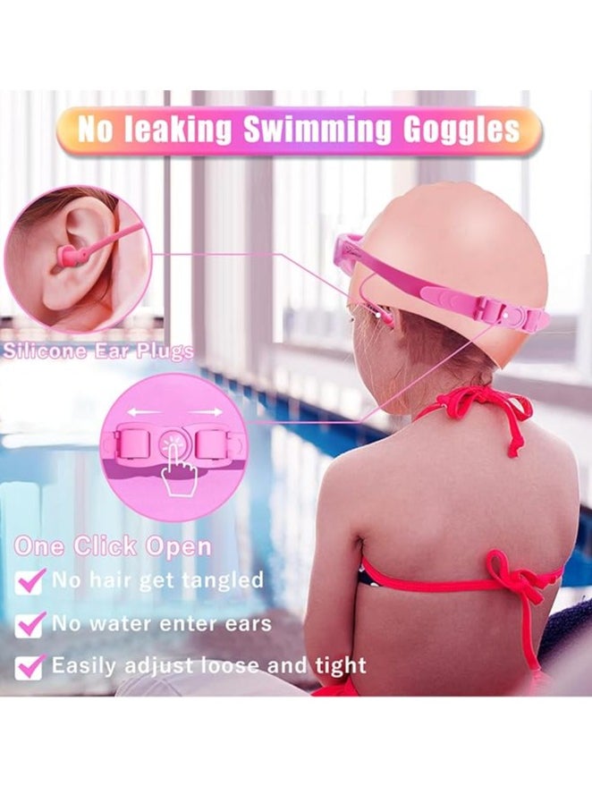 Yoawllty - Swimming Goggles with Earplug, Swim Cap for Kids, Silicone Cartoon Swim Cap, No Leaking Soft Silicone Protection Lenses Waterproof Goggles for Children(Pink) - Image 1