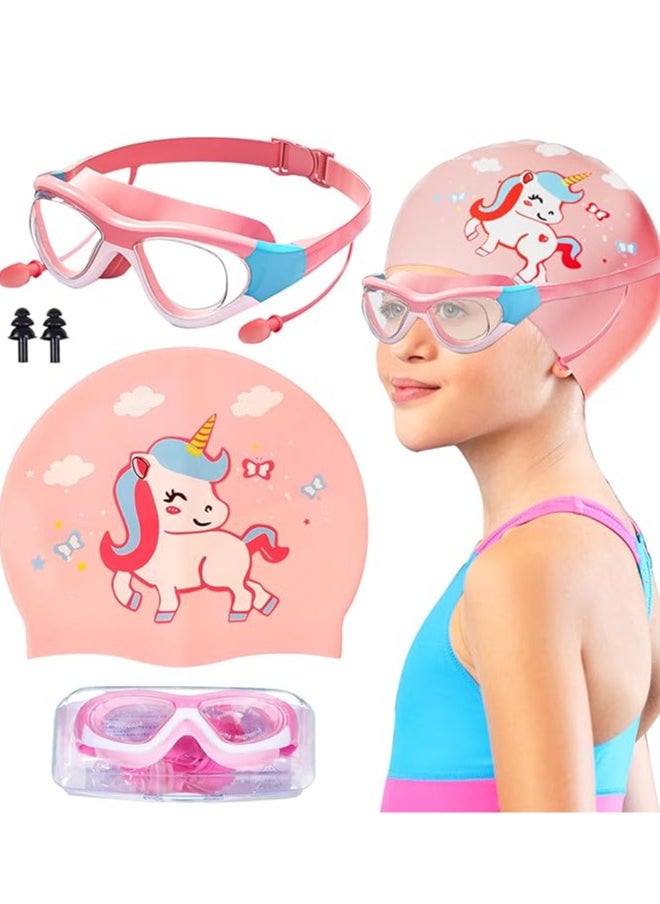 Yoawllty - Swimming Goggles with Earplug, Swim Cap for Kids, Silicone Cartoon Swim Cap, No Leaking Soft Silicone Protection Lenses Waterproof Goggles for Children(Pink) - Image 1
