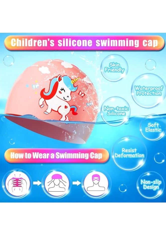 Yoawllty - Swimming Goggles with Earplug, Swim Cap for Kids, Silicone Cartoon Swim Cap, No Leaking Soft Silicone Protection Lenses Waterproof Goggles for Children(Pink) - Image 1