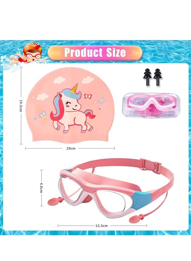 Yoawllty - Swimming Goggles with Earplug, Swim Cap for Kids, Silicone Cartoon Swim Cap, No Leaking Soft Silicone Protection Lenses Waterproof Goggles for Children(Pink) - Image 1