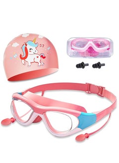 Swimming Goggles with Earplug, Swim Cap for Kids, Silicone Cartoon Swim Cap, No Leaking Soft Silicone Protection Lenses Waterproof Goggles for Children(Pink)