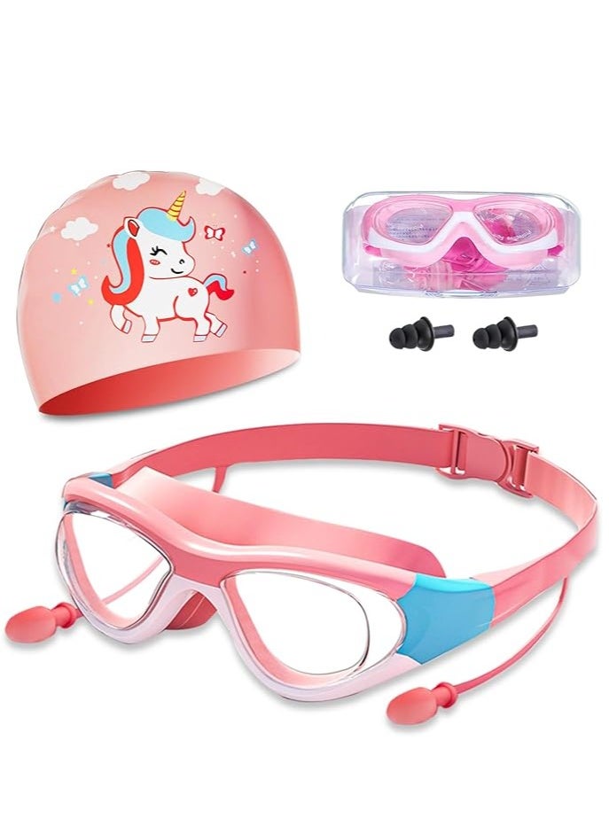 Yoawllty - Swimming Goggles with Earplug, Swim Cap for Kids, Silicone Cartoon Swim Cap, No Leaking Soft Silicone Protection Lenses Waterproof Goggles for Children(Pink) - Image 1