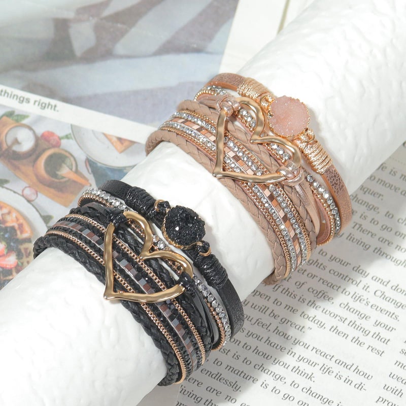 COAUXOG 2Pcs Boho Bracelets Woven Leather Multi-Layer Wrap Bracelet with Heart and Rhinestones,Versatile Stackable Jewelry Cuff Bracelet for Women (Black+Rose Gold) - Image 5