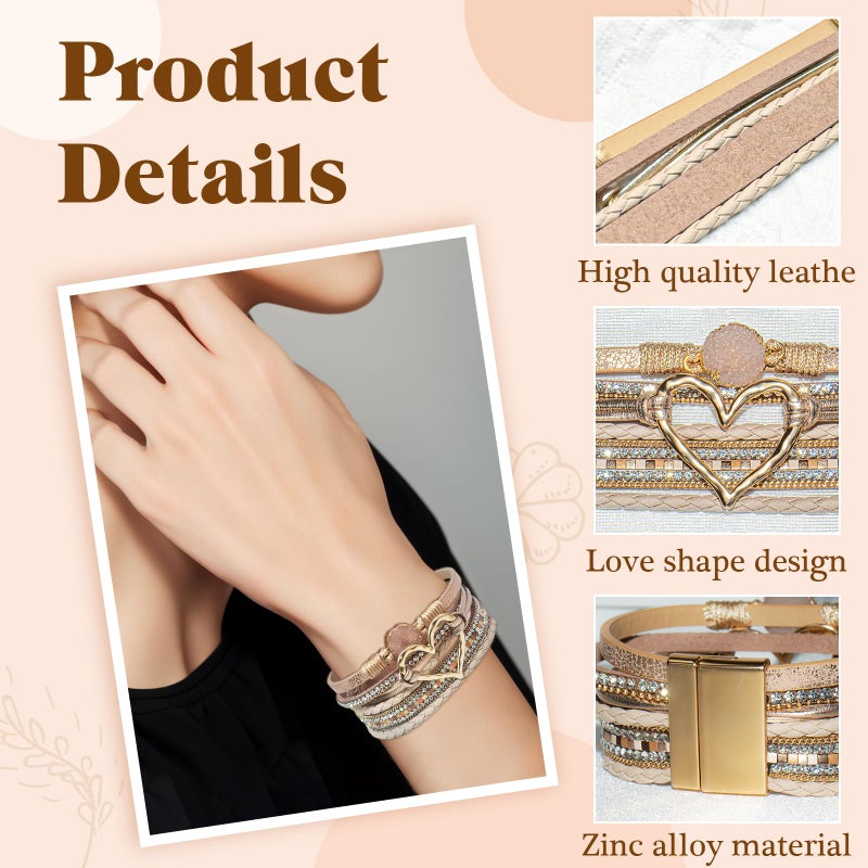COAUXOG 2Pcs Boho Bracelets Woven Leather Multi-Layer Wrap Bracelet with Heart and Rhinestones,Versatile Stackable Jewelry Cuff Bracelet for Women (Black+Rose Gold) - Image 3