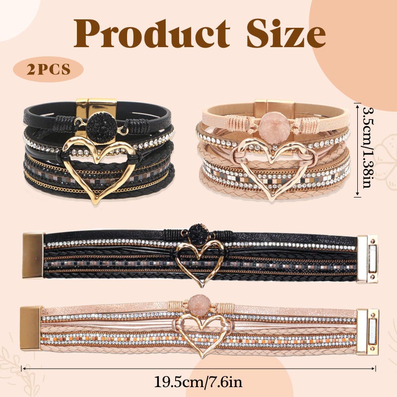 COAUXOG 2Pcs Boho Bracelets Woven Leather Multi-Layer Wrap Bracelet with Heart and Rhinestones,Versatile Stackable Jewelry Cuff Bracelet for Women (Black+Rose Gold) - Image 2