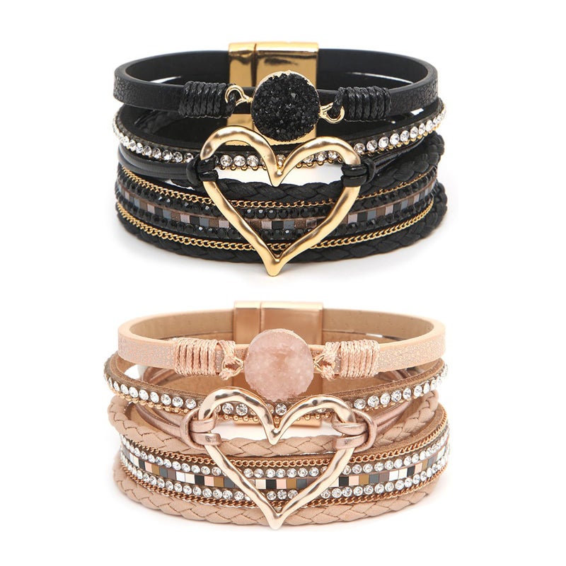 COAUXOG 2Pcs Boho Bracelets Woven Leather Multi-Layer Wrap Bracelet with Heart and Rhinestones,Versatile Stackable Jewelry Cuff Bracelet for Women (Black+Rose Gold) - Image 1