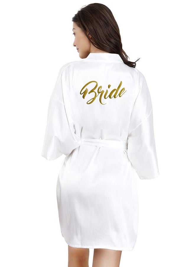 EPLAZA Bride Bridesmaid Robes for Wedding Bridal Party Women Short Solid Color Silky Satin Robe Kimono with Gold Glitters (White, Bride) - Image 1
