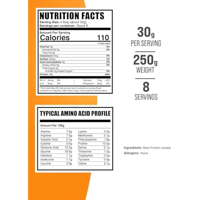 BulkSupplements.com Beef Protein Isolate Powder - Lactose Free Protein Powder, Beef Protein Powder - Unflavored & Gluten Free, 30g per Serving, 250g (8.8 oz) (Pack of 1) - Image 2