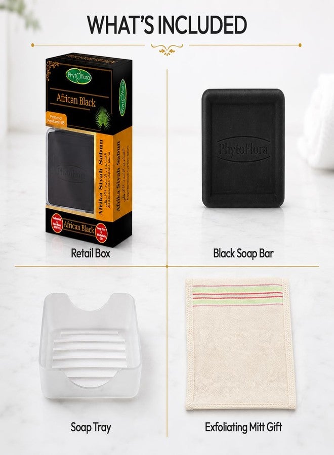 Phytoflora African Black Soap Gift Set 125g - Black Soap Bar for Face, Body & Hair + Free Exfoliating Mitt & Soap Dish - Helps Dark Spots & Even Tone, Shea, Cocoa & Pro-Vitamin B5 - Image 2