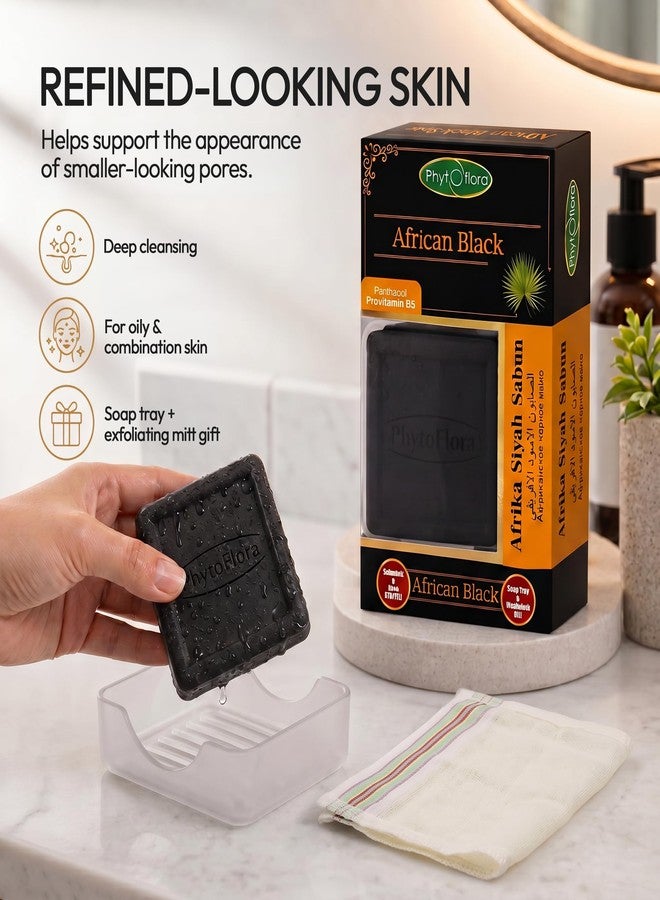 Phytoflora African Black Soap Gift Set 125g - Black Soap Bar for Face, Body & Hair + Free Exfoliating Mitt & Soap Dish - Helps Dark Spots & Even Tone, Shea, Cocoa & Pro-Vitamin B5 - Image 3
