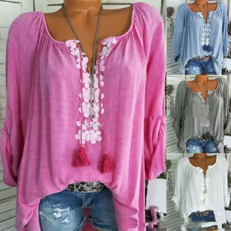 Cross-border 2021 summer new European and American large size women's tops with lace stitching and pull-out long-sleeved women's shirts in stock blue XL - Image 2