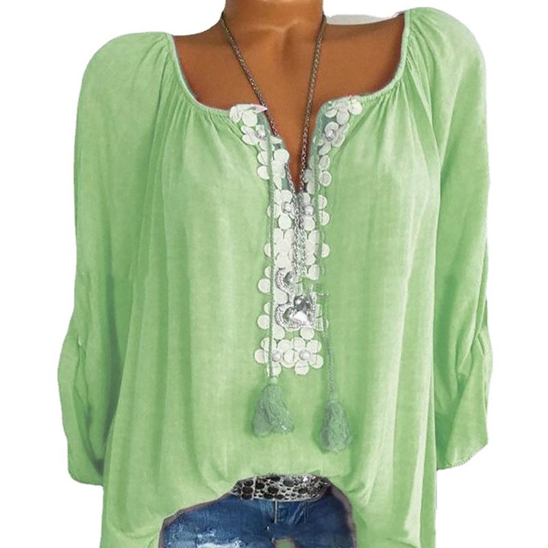 Cross-border 2021 summer new European and American large size women's tops with lace stitching and pull-out long-sleeved women's shirts in stock blue XL - Image 3