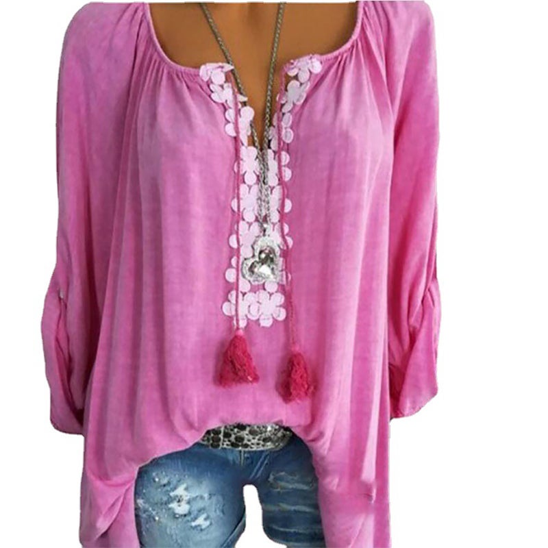 Cross-border 2021 summer new European and American large size women's tops with lace stitching and pull-out long-sleeved women's shirts in stock blue XL - Image 5