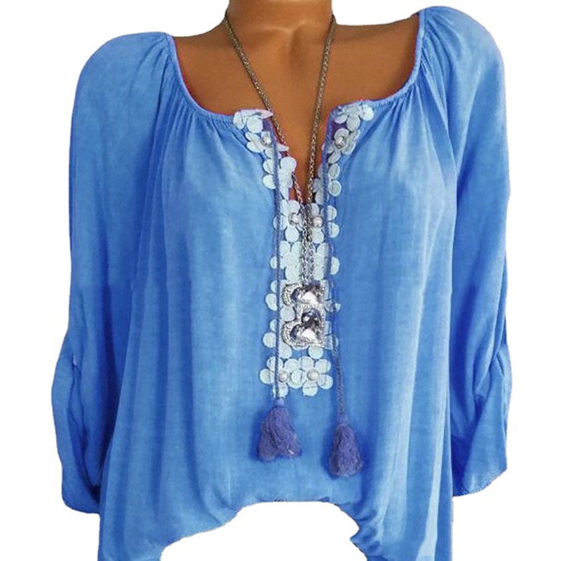 Cross-border 2021 summer new European and American large size women's tops with lace stitching and pull-out long-sleeved women's shirts in stock blue XL - Image 1