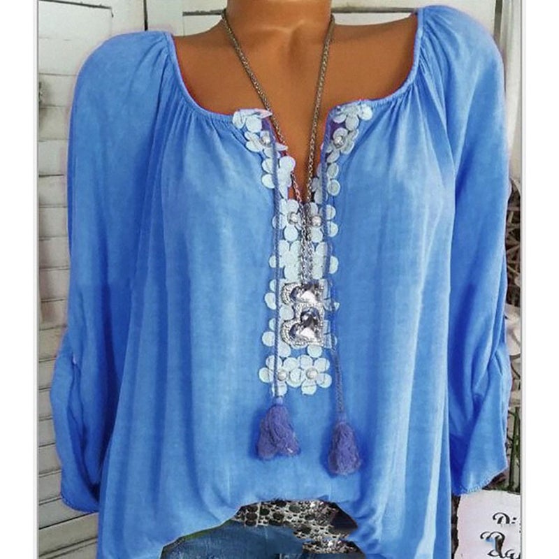 Cross-border 2021 summer new European and American large size women's tops with lace stitching and pull-out long-sleeved women's shirts in stock blue XL - Image 4
