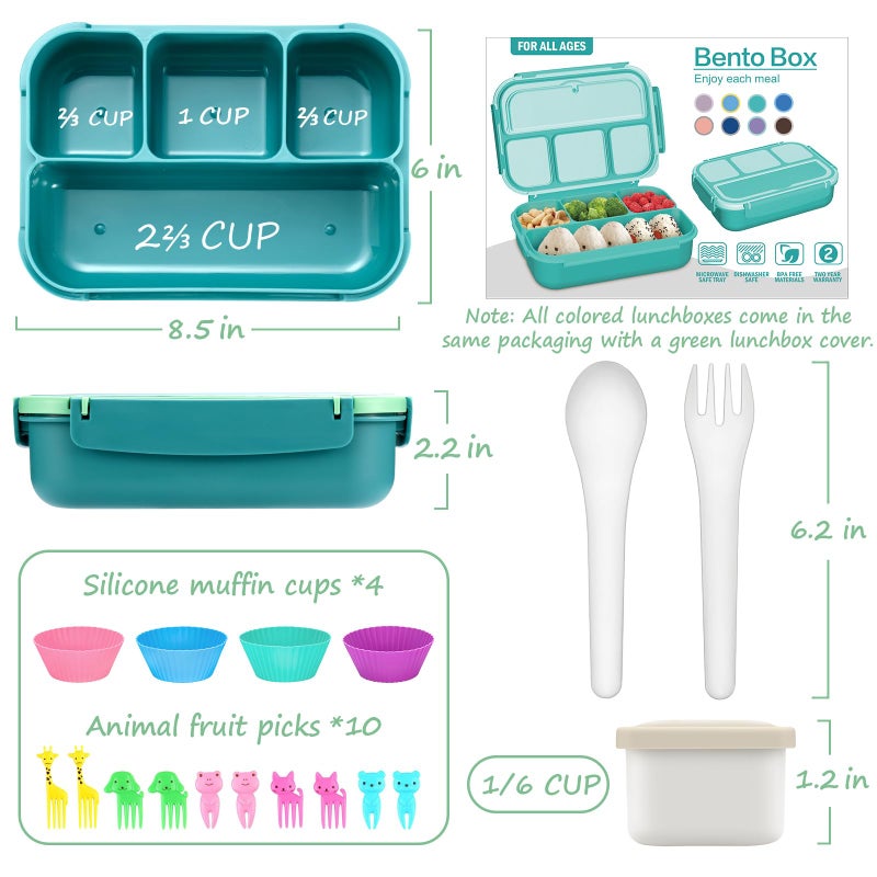 QQKO Bento Box for Kids Adults, School Toddler Lunch Box for Boys Girls, Lunch Box Containers with 4 Compartments, Sauce Container, Utensils, Food Picks and Muffin Cups for School, Green - Image 2