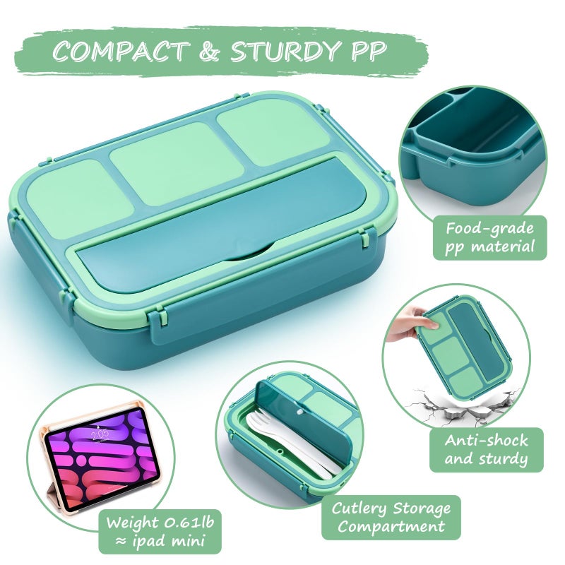 QQKO Bento Box for Kids Adults, School Toddler Lunch Box for Boys Girls, Lunch Box Containers with 4 Compartments, Sauce Container, Utensils, Food Picks and Muffin Cups for School, Green - Image 4