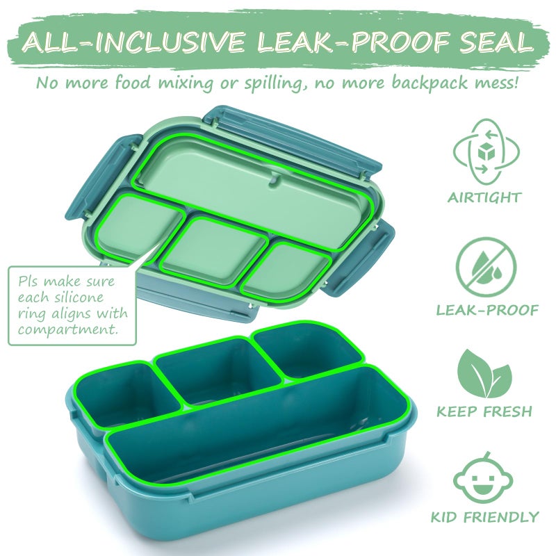 QQKO Bento Box for Kids Adults, School Toddler Lunch Box for Boys Girls, Lunch Box Containers with 4 Compartments, Sauce Container, Utensils, Food Picks and Muffin Cups for School, Green - Image 5