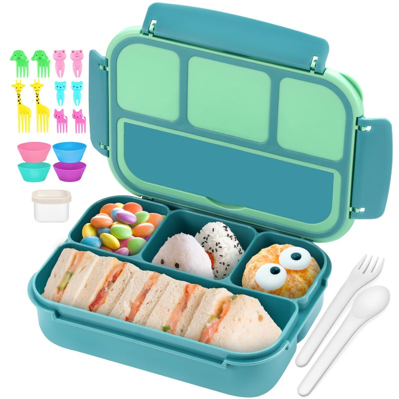 QQKO Bento Box for Kids Adults, School Toddler Lunch Box for Boys Girls, Lunch Box Containers with 4 Compartments, Sauce Container, Utensils, Food Picks and Muffin Cups for School, Green - Image 1