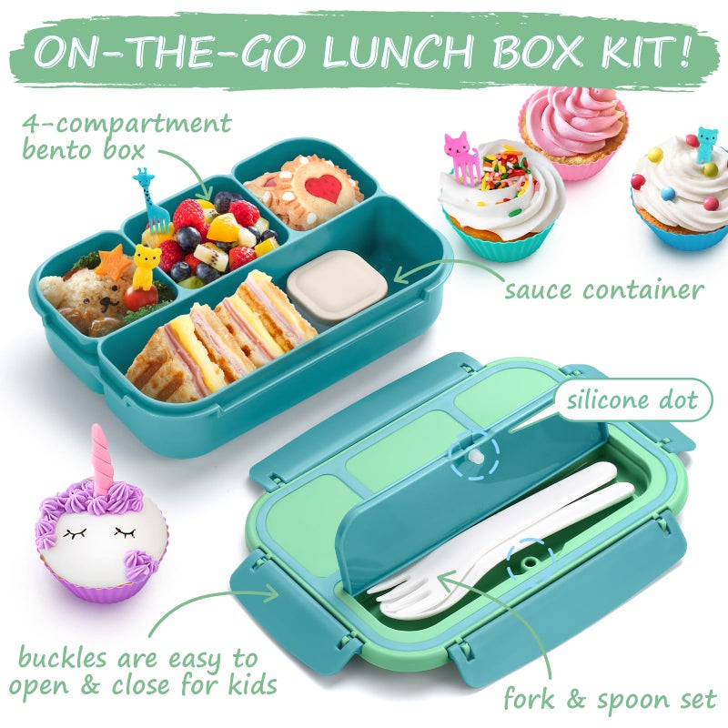 QQKO Bento Box for Kids Adults, School Toddler Lunch Box for Boys Girls, Lunch Box Containers with 4 Compartments, Sauce Container, Utensils, Food Picks and Muffin Cups for School, Green - Image 3