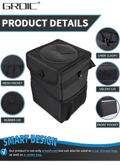 GROIC Trash Can with Lid and Storage Pockets, Car Trash Bag Hanging with Storage Pockets Collapsible and Portable Car Garbage Bin,Car Organizer,Multipurpose Trash Bin  - Image 2
