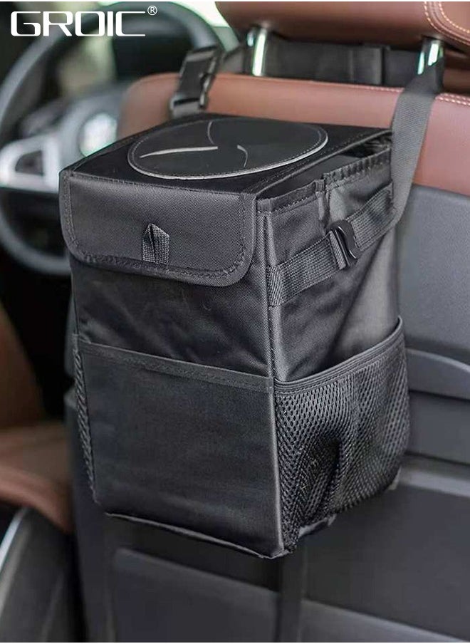 Trash Can with Lid and Storage Pockets, Car Trash Bag Hanging with Storage Pockets Collapsible and Portable Car Garbage Bin,Car Organizer,Multipurpose Trash Bin