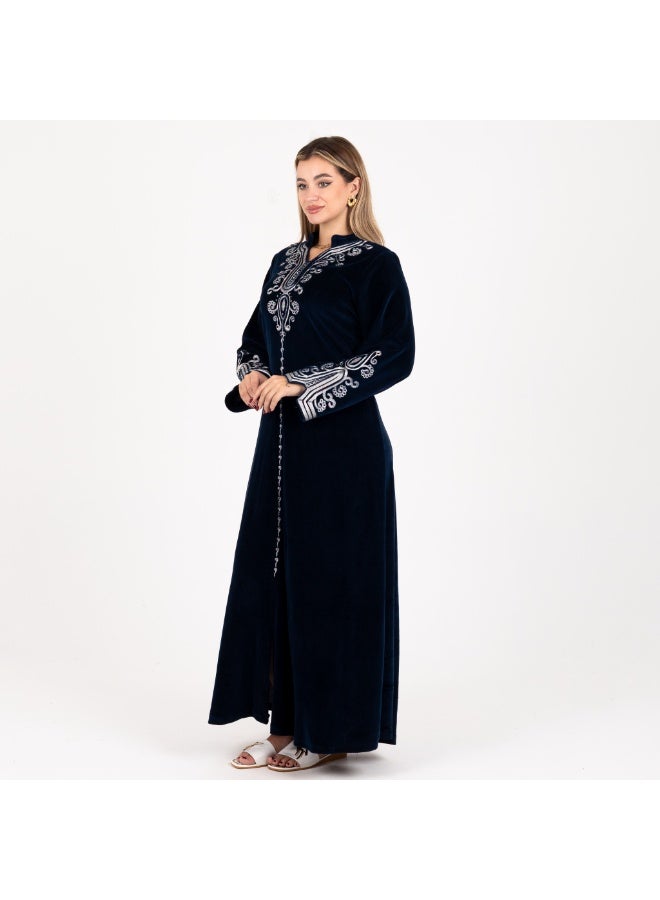 zecotex  Royal Navy Blue Velour Galabeya with Silver Embroidery - Warmth and Luxury for Hosting - Image 5