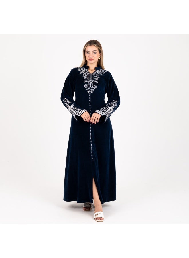 zecotex  Royal Navy Blue Velour Galabeya with Silver Embroidery - Warmth and Luxury for Hosting - Image 1