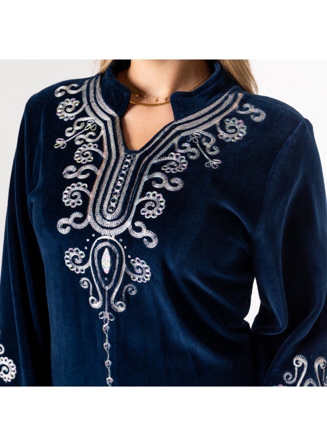 zecotex  Royal Navy Blue Velour Galabeya with Silver Embroidery - Warmth and Luxury for Hosting - Image 2