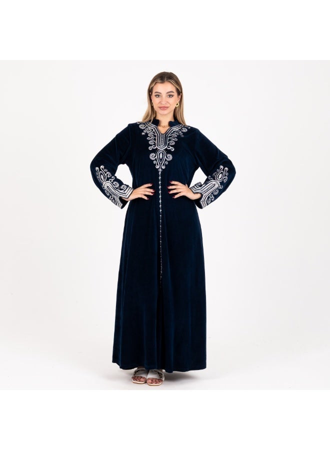 zecotex  Royal Navy Blue Velour Galabeya with Silver Embroidery - Warmth and Luxury for Hosting - Image 4