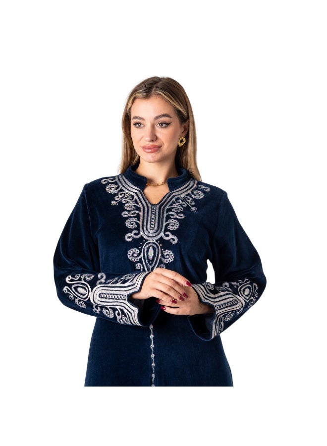 زيكوتكس  قفطان نسائي طويل من قطيفة القطن الناعمة - جلابية استقبال مطرزة بخيوط فضية - متوفر بألوان ( كحلي داكن). - Image 2