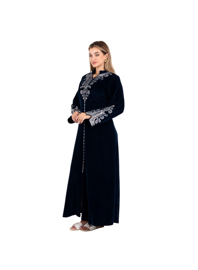 زيكوتكس  قفطان نسائي طويل من قطيفة القطن الناعمة - جلابية استقبال مطرزة بخيوط فضية - متوفر بألوان ( كحلي داكن). - Image 4