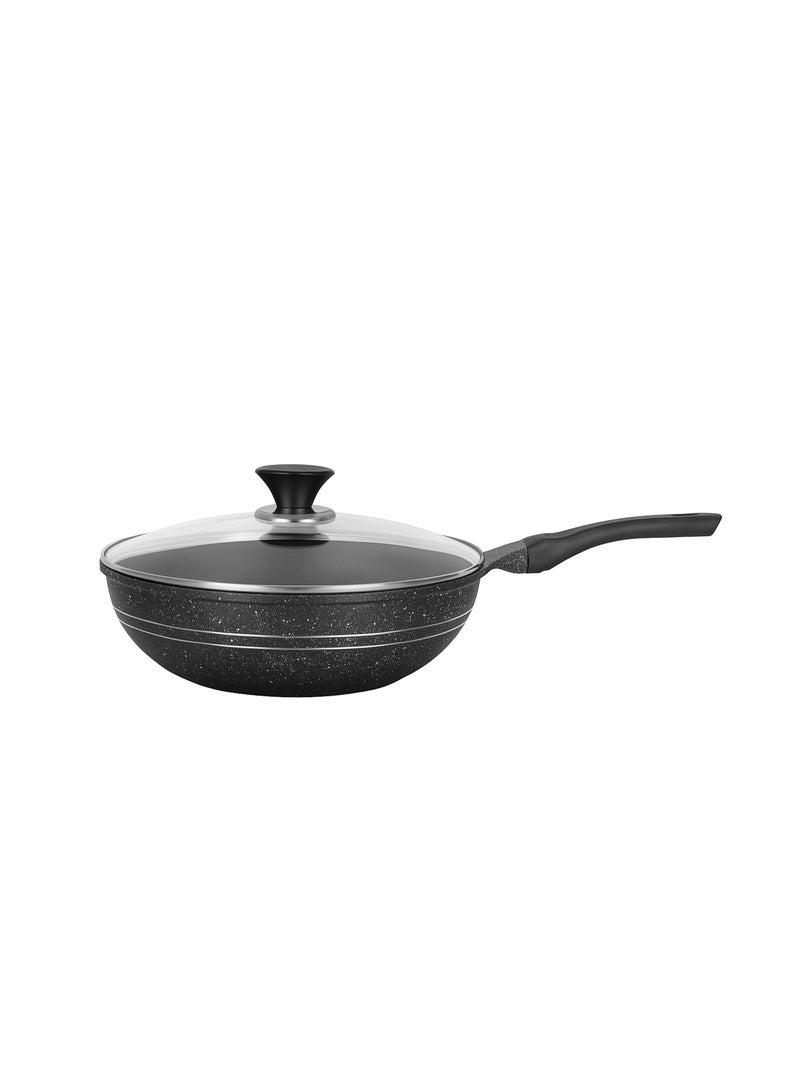 SONEX Eden Wok Pan 26 cm Aluminum Non Stick Grey Marble Coating with Glass Lid - Image 1