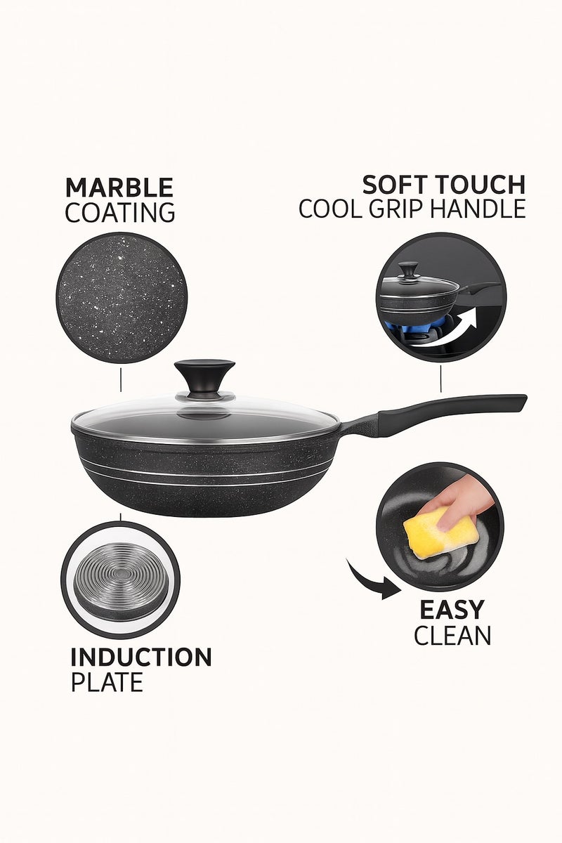 SONEX Eden Wok Pan 26 cm Aluminum Non Stick Grey Marble Coating with Glass Lid - Image 3