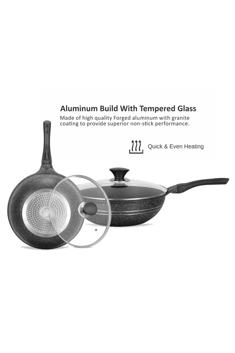 SONEX Eden Wok Pan 26 cm Aluminum Non Stick Grey Marble Coating with Glass Lid - Image 5