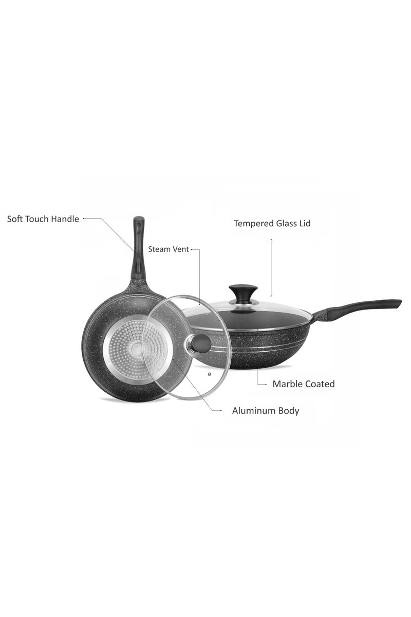SONEX Eden Wok Pan 26 cm Aluminum Non Stick Grey Marble Coating with Glass Lid - Image 4