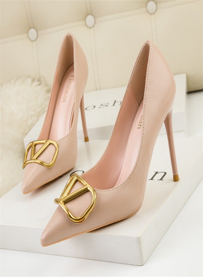 Eloshman 9.5cm Fashion Professional Shallow Mouth Pointed Metal V-Home Square Button Thin Heel High Heel Beige - Image 1
