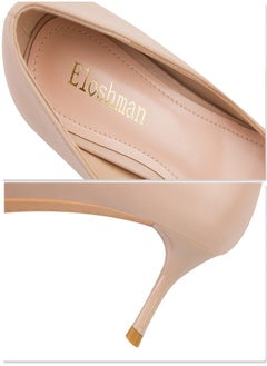 Eloshman 9.5cm Fashion Professional Shallow Mouth Pointed Metal V-Home Square Button Thin Heel High Heel Beige  - Image 3