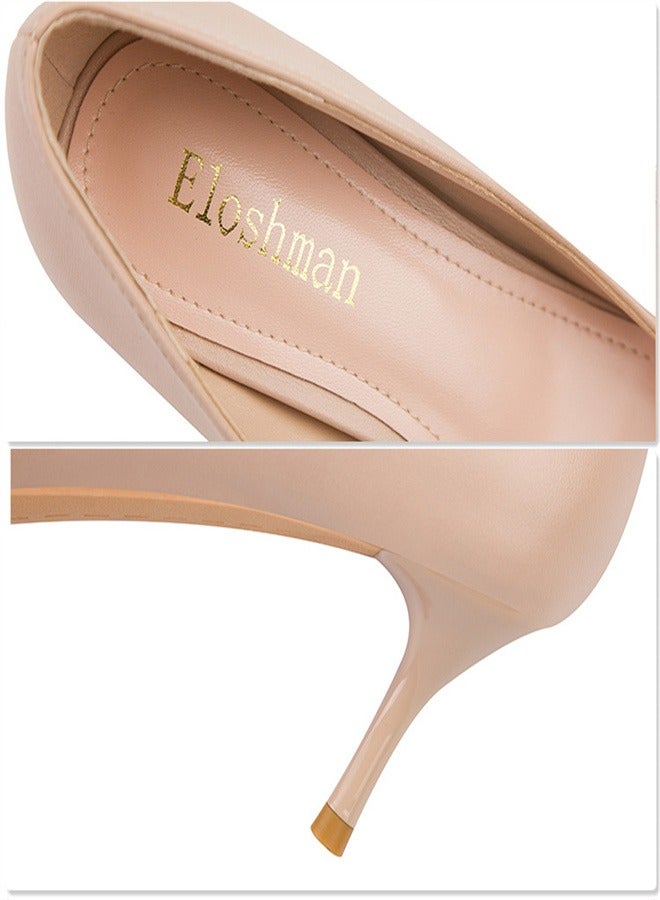 Eloshman 9.5cm Fashion Professional Shallow Mouth Pointed Metal V-Home Square Button Thin Heel High Heel Beige - Image 3